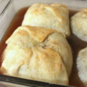 Baking dish filled with old-fashioned apple dumplings