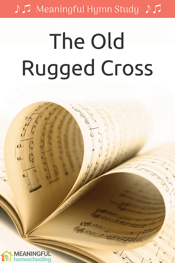 Music pages folded to make a heart; text overlay that says "The Old Rugged Cross"