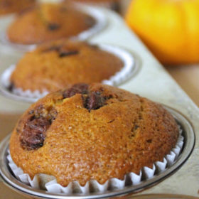 Pumpkin chocolate chip muffins in a baking tin