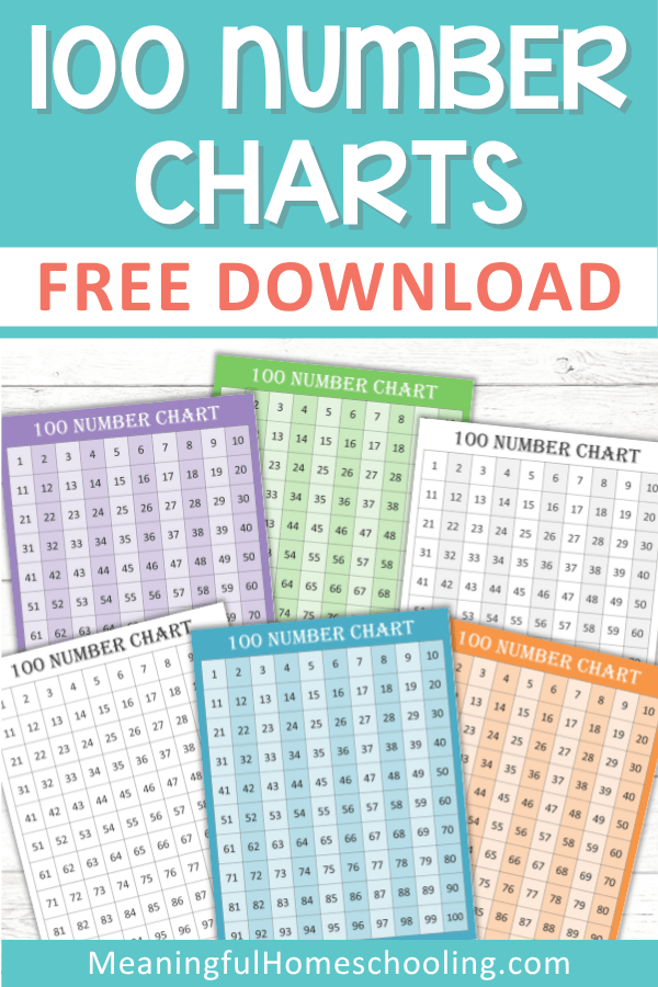 Free 100 number chart printable Graphic promoting a free download of printable 100 number chart worksheets in multiple colors. Text reads "100 NUMBER CHARTS" and "FREE DOWNLOAD" with six preview pages showing number grids from 1 to 100 and "MeaningfulHomeschooling.com" at the bottom.