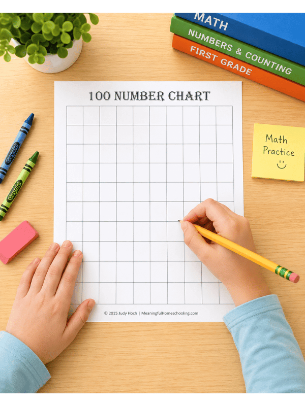 Blank 100s chart Child writing on a blank 100 number chart worksheet with a pencil while practicing number sequencing. The page is titled "100 NUMBER CHART" and is surrounded by crayons, books, and a sticky note that reads "Math Practice ☺."