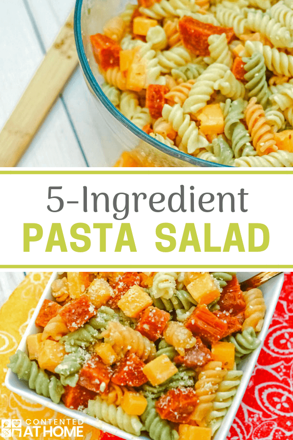 Bowls of 5-Ingredient Pasta Salad sitting on yellow and orange printed napkins