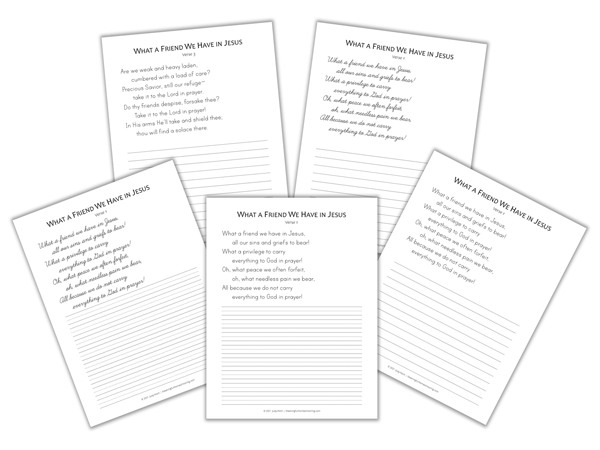 Five sample hymn copywork pages in various styles
