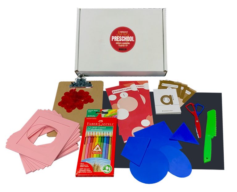 Tactile learning materials including shape tracers and colored pencils on white background