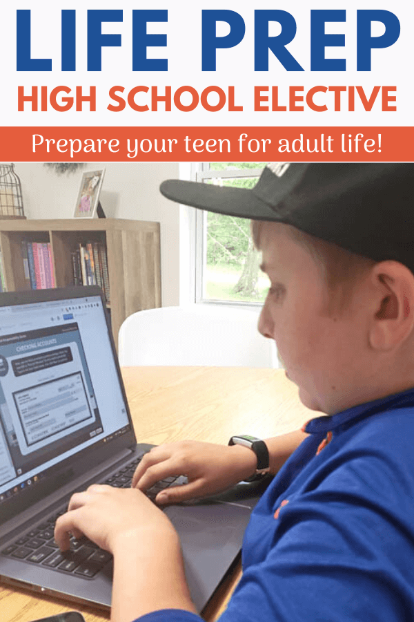 Teen boy in blue shirt working on online life prep course on laptop