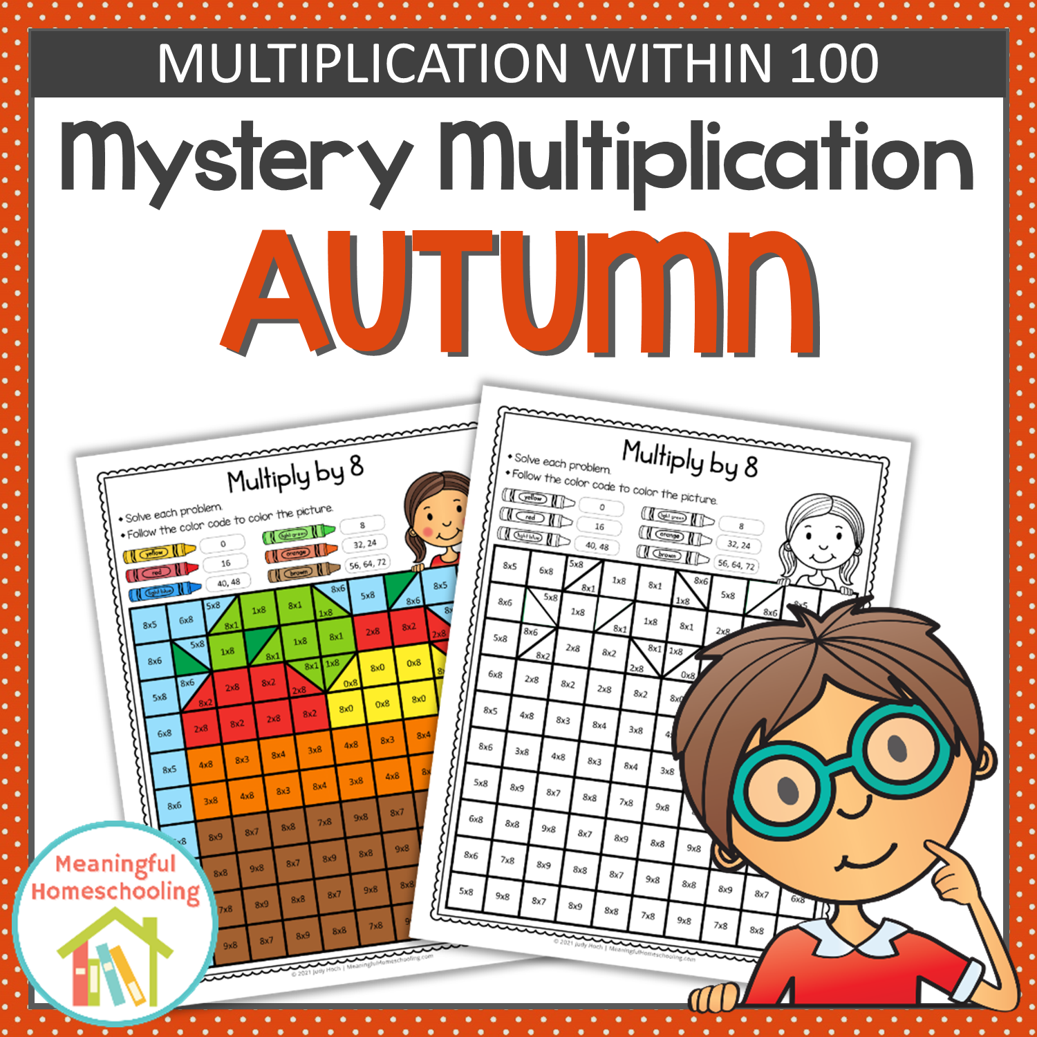 Colorful 100 chart picture with a black and white copy; text overlay reads, "Mystery multiplication: Autumn".