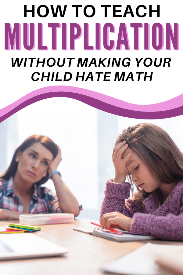 Frustrated mother and young daughter sitting at a table with a notebook, pencil, and flash cards; text overlay reads, "How to teach multiplication without making your child hate math".