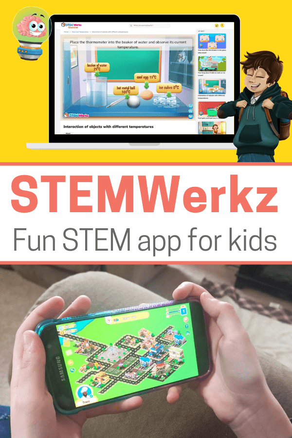 Image of child's hands holding a phone with a STEM game on the screen. Text overlay reads, STEMWerkz: Fun STEM app for kids.
