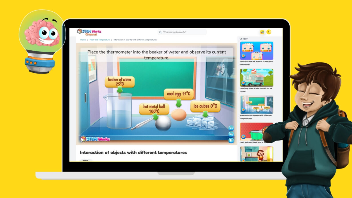 Image of laptop mockup with a virtual science experiment on the screen, and a school boy cartoon figure, displayed on a yellow background.