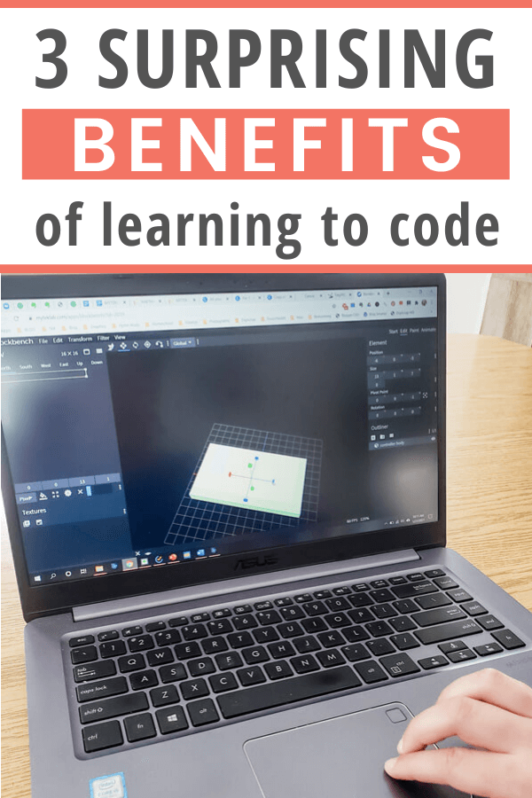 Image of laptop screen showing an online coding class in progress; text overlay reads, 3 surprising benefits of learning to code