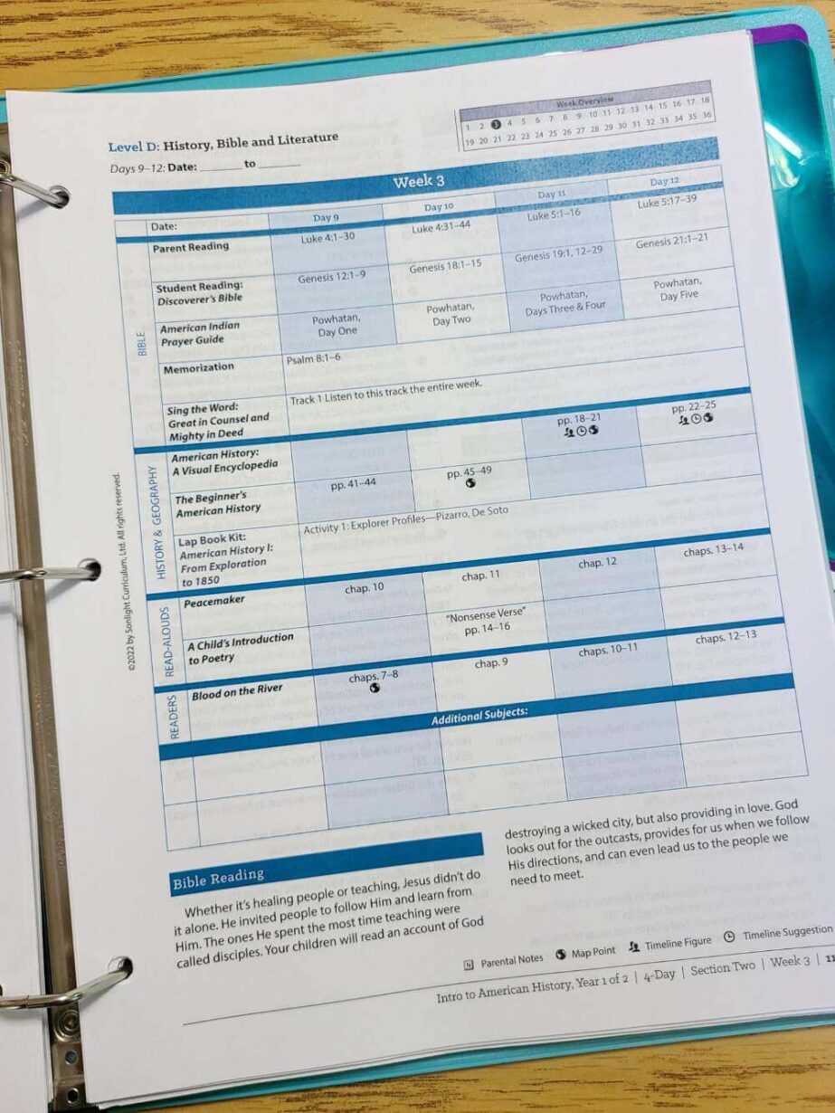 Close-up view of a page of the Sonlight HBL D Instructor Guide