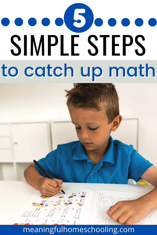 Image of young boy in blue shirt sitting at a table and working in a math workbook to catch up on math.