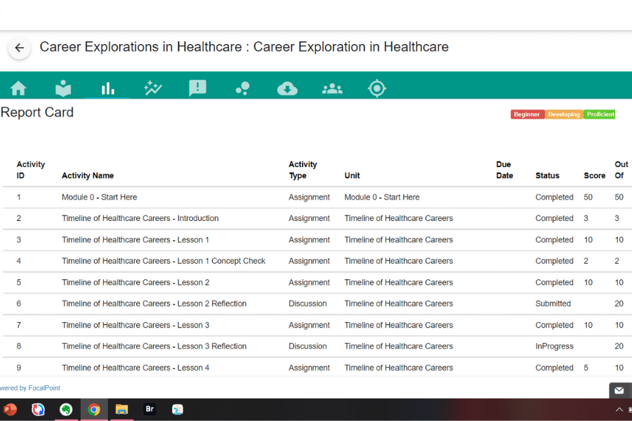 Screenshot of Career Pathways course dashboard showing assignments in lesson about healthcare careers