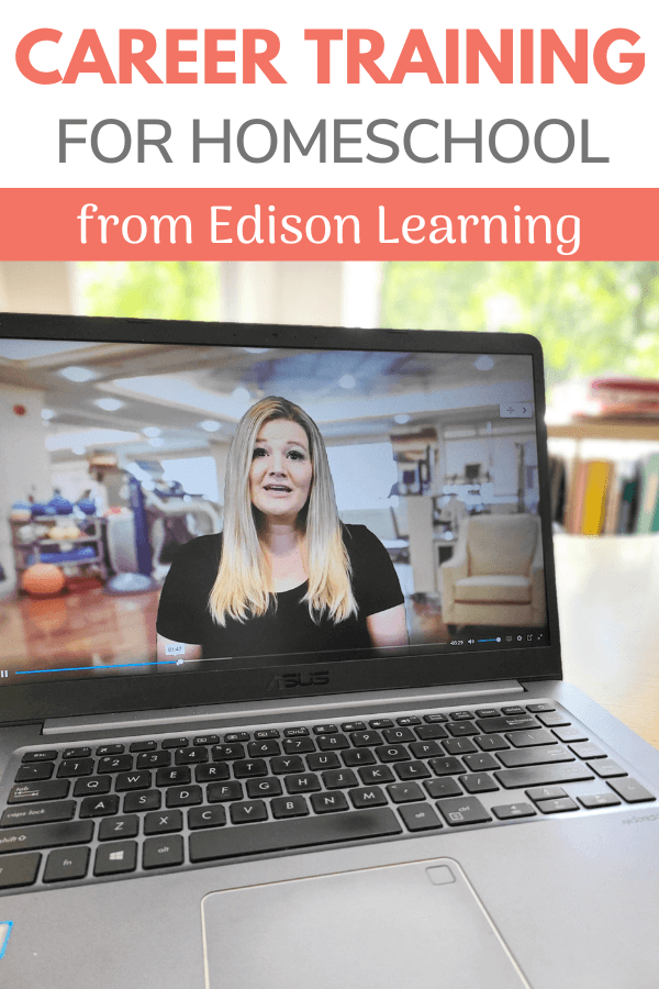 Image of laptop with woman teaching on video; text overlay reads, Career Training for Homeschool from Edison Learning