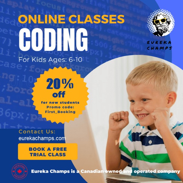 Image of excited young boy in blue and green striped shirt; overlay text offers a free trial coding class for kids.