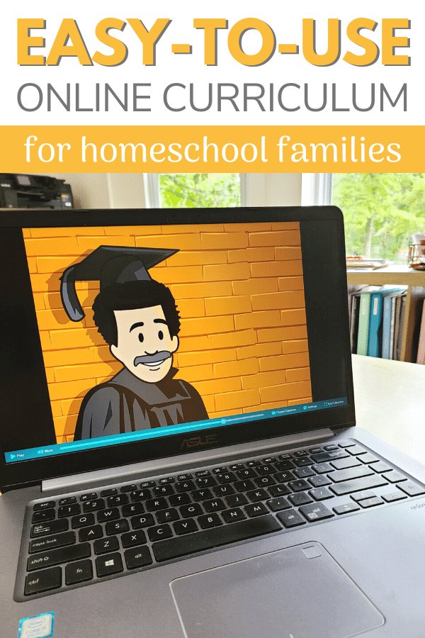 Image of an educational homeschool video on a laptop screen with books in the background