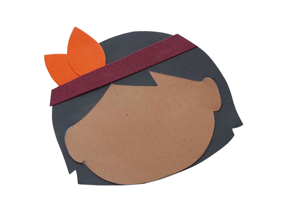 Image of Native American craft figure's head with headband and orange feathers.