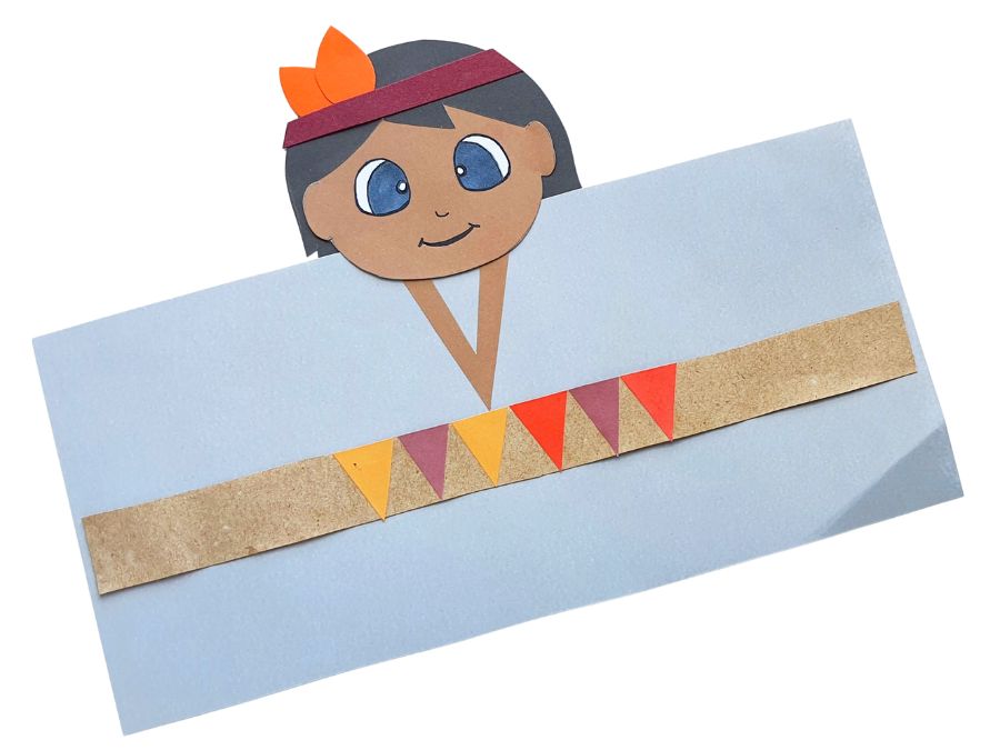 Image of construction paper figure of Native American boy, ready to attach to toilet paper roll.