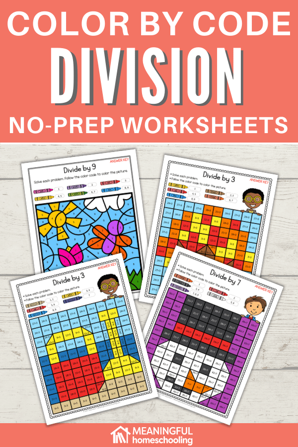 Image of 4 colorful division coloring worksheets on a light gray wood background; text overlay reads, "Color by code division worksheets."