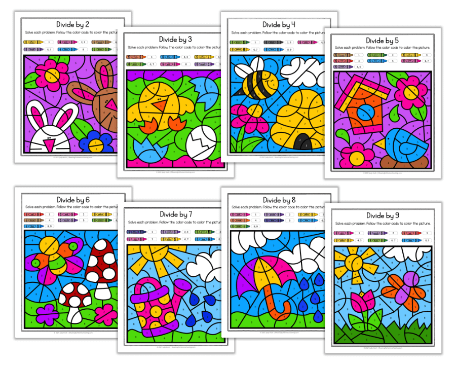Image of 8 colorful color by division pages with a spring theme.