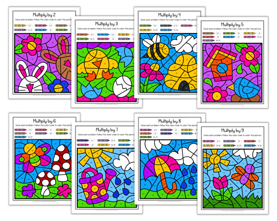 Image of 8 spring pictures to solve single digit multiplication problems and color by code.