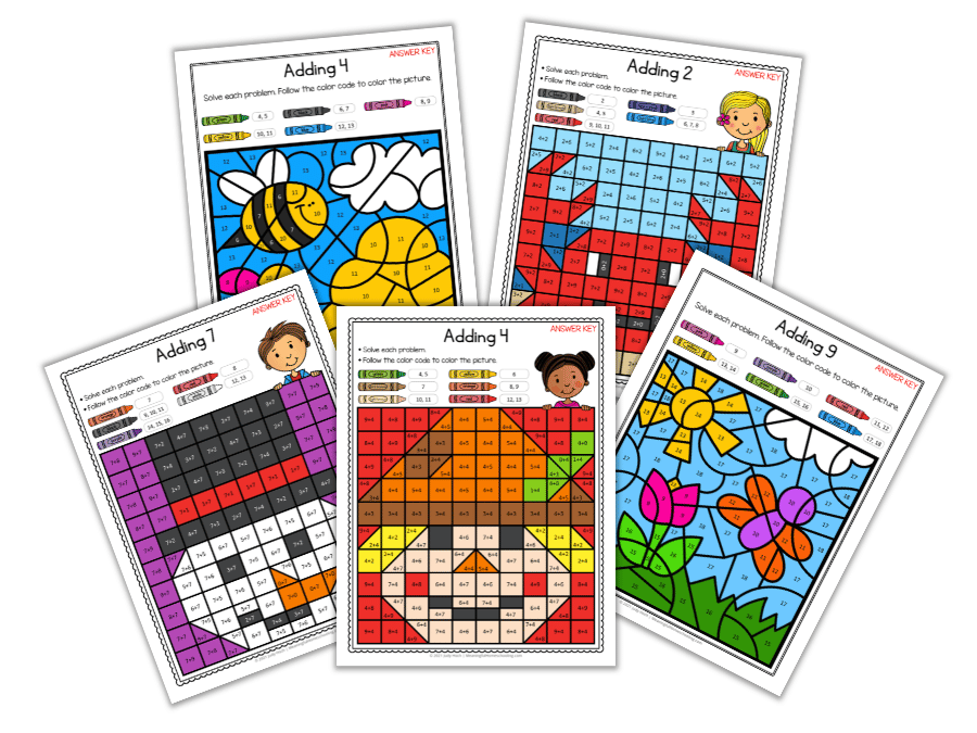 Image of five addition coloring page worksheets on a white background.