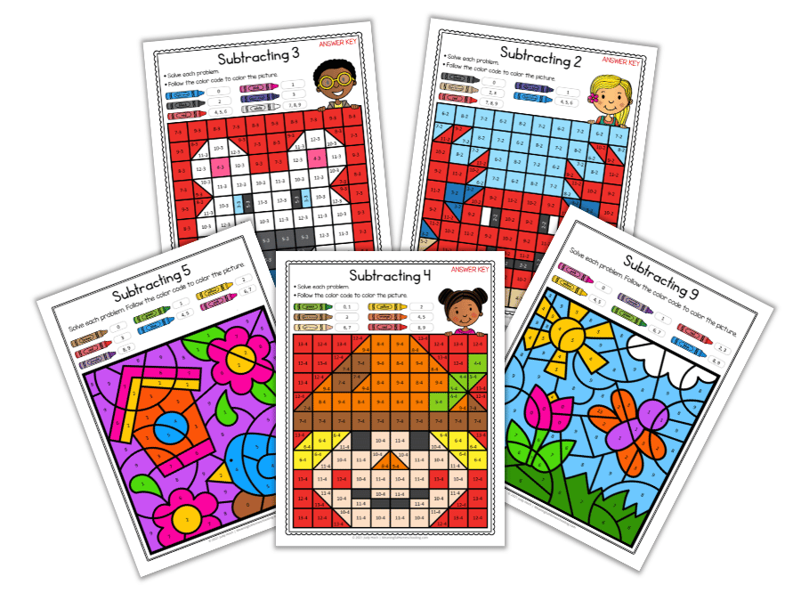 Image of five color by code subtraction worksheets on a white background.