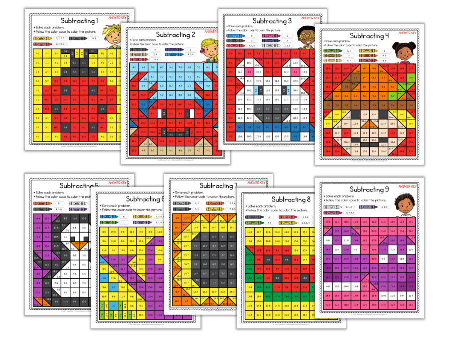 Image of nine subtraction mystery picture worksheets in seasonal themes.