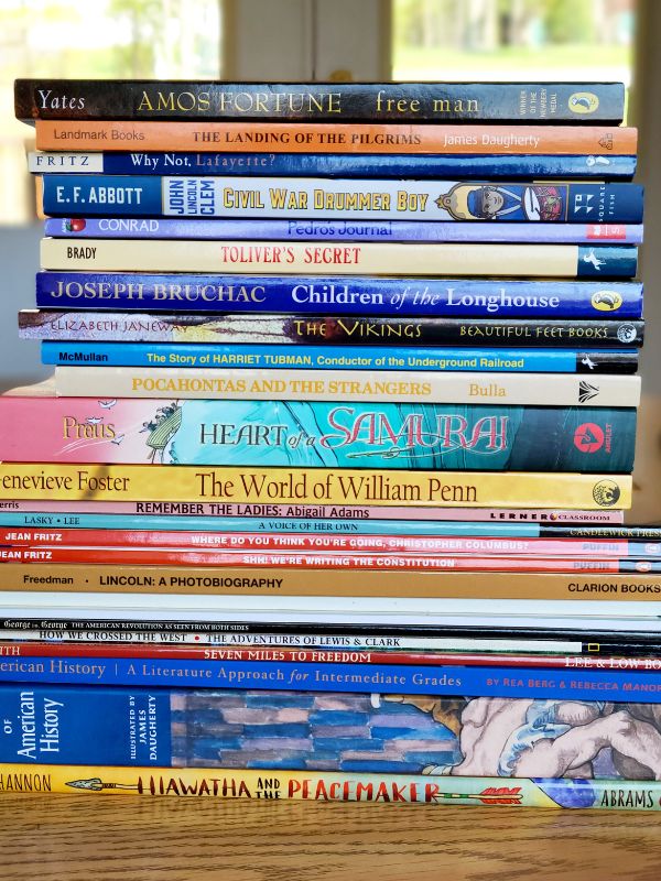 Image of stack of living books for homeschool history grades 4-6