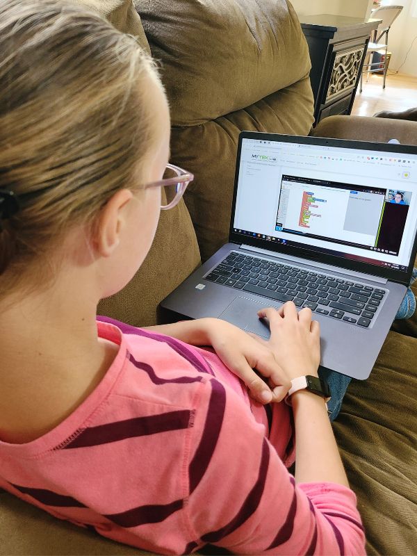 Image of girl in pink shirt with laptop displaying an online technology class.
