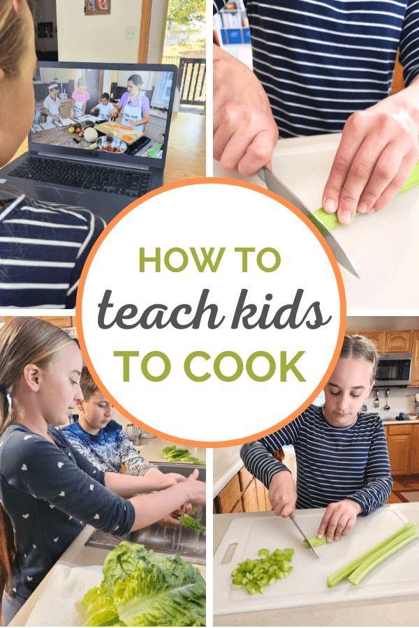 Basic cooking skills for kids Images of a young girl learning basic cooking skills like how to wash produce and use a chef's knife.