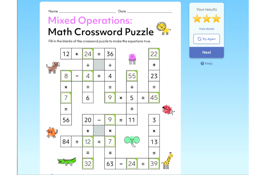 Screenshot of interactive worksheet for math operations.