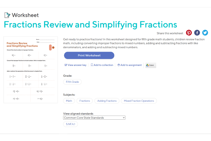 Screenshot of a printable fractions worksheet for homeschool.