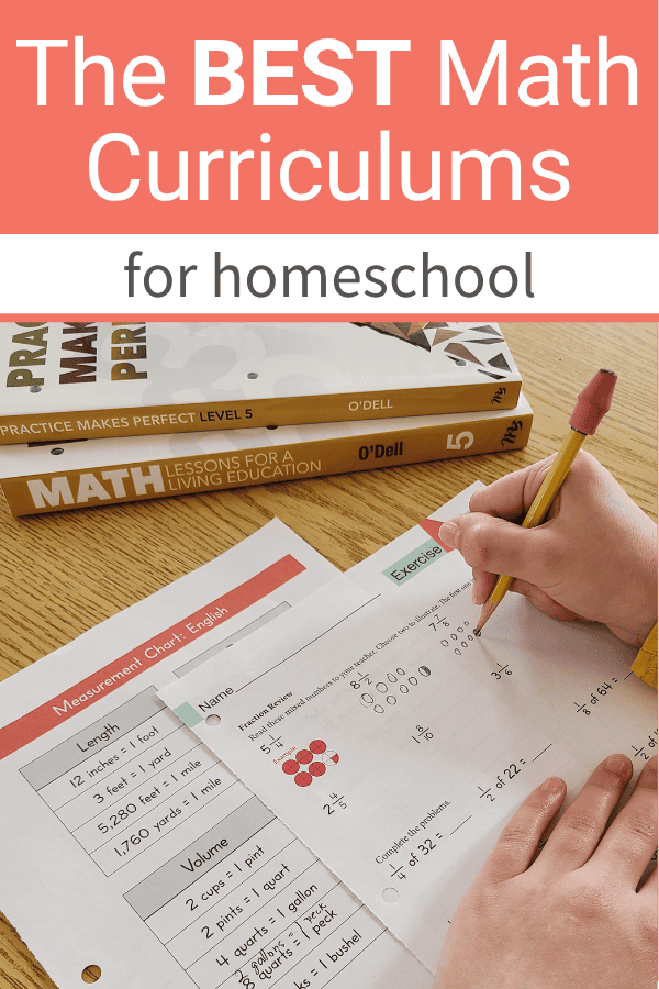 The best math curriculums for grades 1-6 Image of a student's hand writing on a worksheet with Math Lessons for a Living Education workbooks in the background.