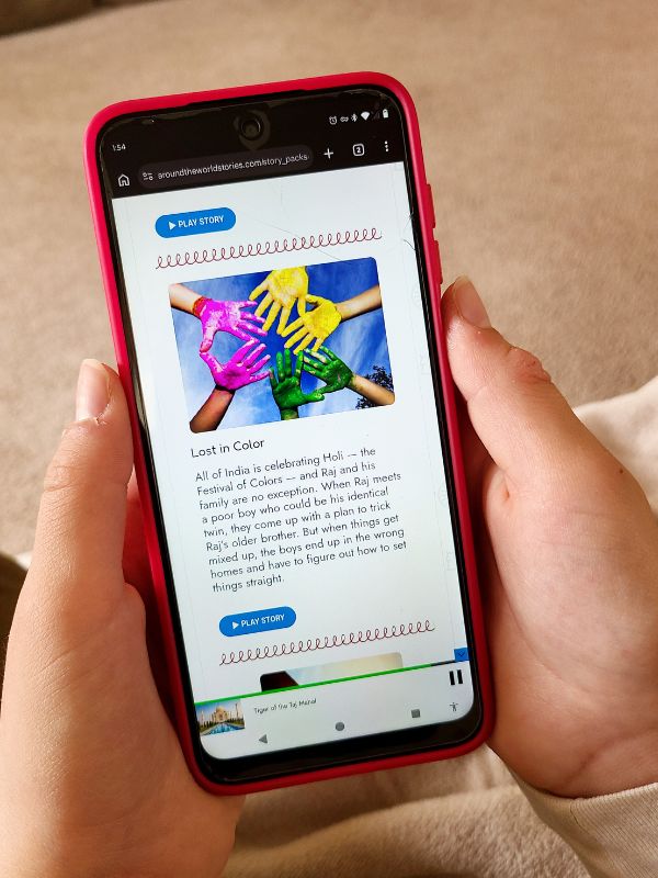 Elementary geography stories Image of phone screen with country study audio story playing.