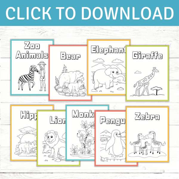Download free printable zoo coloring pages Image of zoo-themed coloring pages lying on a light wooden background.