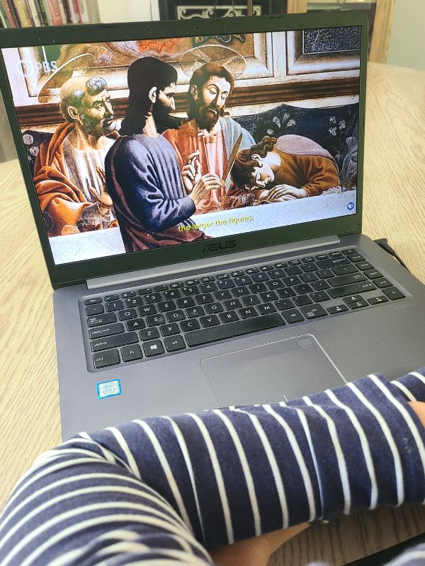 Homeschool art history curriculum Image of a laptop screen showing an art appreciation video.